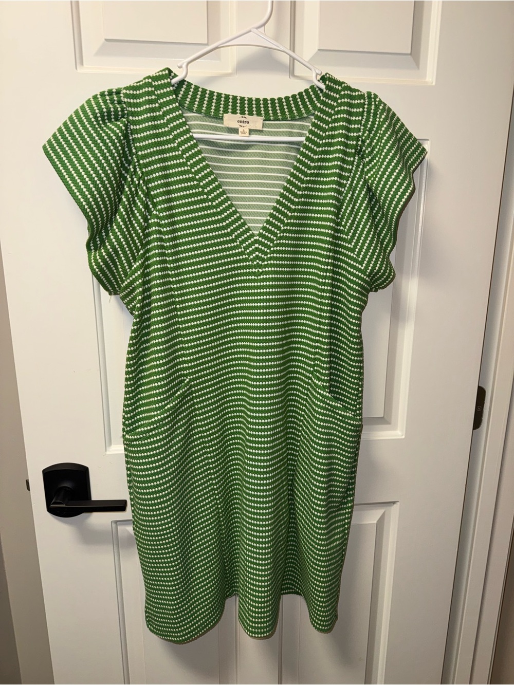 Entro Green White Striped V-Neck Women’s Dress size small Ruffle Sleeves